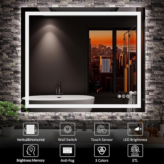 LED Mirror for Bathroom, 36"x30" with Front Light and Backlight | Stepless Dimmable, Anti-Fog, Shatter-Proof, HD Reflection, Memory, 3 Colors Lighting, UL Listed (Horizontal/Vertical).
