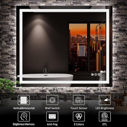 LED Mirror for Bathroom, 36"x30" with Front Light and Backlight | Stepless Dimmable, Anti-Fog, Shatter-Proof, HD Reflection, Memory, 3 Colors Lighting, UL Listed (Horizontal/Vertical).