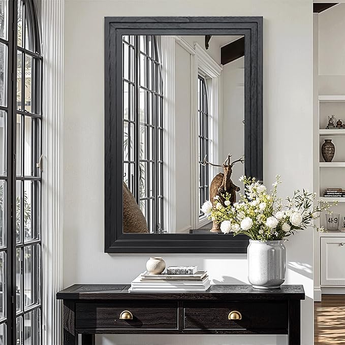 Farmhouse Rustic Wood Framed Bathroom Vanity Mirror for Wall, 26x38, Black | Recessed Stepped Solid Wood Frame, HD Shatterproof Glass, Vertical/Horizontal Mount, for Bathroom Sink, Living Room, Entryway