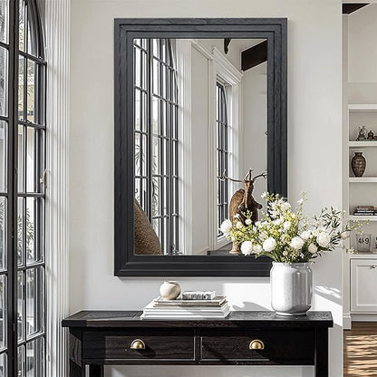 Farmhouse Rustic Wood Framed Bathroom Vanity Mirror for Wall, 26x38, Black | Recessed Stepped Solid Wood Frame, HD Shatterproof Glass, Vertical/Horizontal Mount, for Bathroom Sink, Living Room, Entryway
