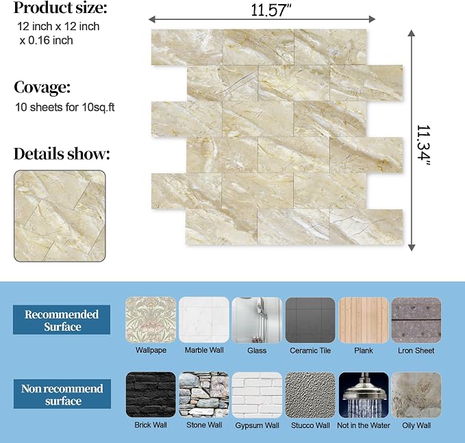 2026 New Upgrade Peel and Stick Backsplash Tile, Peel and Stick 11.34" X 11.57" Wall Tile for Kitchen, Bathroom, Fireplace, Laundry (Polished Beige, 10 Packs)