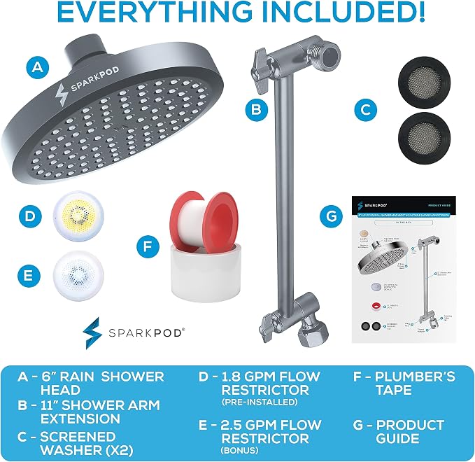 SparkPod 6" Round Rain Shower Head with 11" Shower Arm | Shower Head & Extension Arm Combo, Height Adjustable, High Pressure Performance, Easy 1-Minute Installation, Charcoal Grey