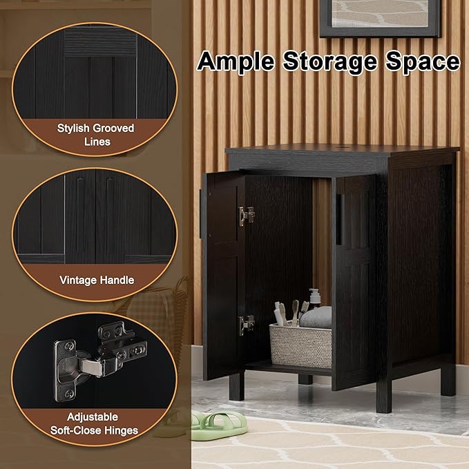 UEV Black 24" Bathroom Vanity with Sink Combo,Modern Vanity with Vessel Sink,Stylish Bathroom Vanity Cabinet,Grooved Doors & Metal Handles,Modern White Boat Vessel Sink(T44)