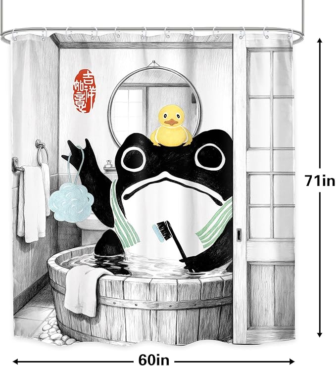 LGhtyro Funny Frog Shower Curtain Bathroom Set 60Wx71H Inches Traditional Asian Style Japanese Art Rubber Duck Wooden Cute Animal Bath Accessories Retro Black Art Home Decor Fabric 12 Pack Hooks