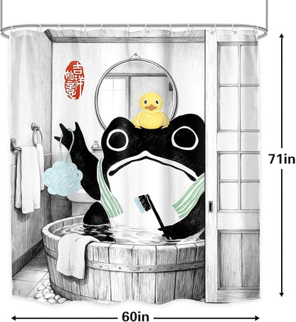 LGhtyro Funny Frog Shower Curtain Bathroom Set 60Wx71H Inches Traditional Asian Style Japanese Art Rubber Duck Wooden Cute Animal Bath Accessories Retro Black Art Home Decor Fabric 12 Pack Hooks