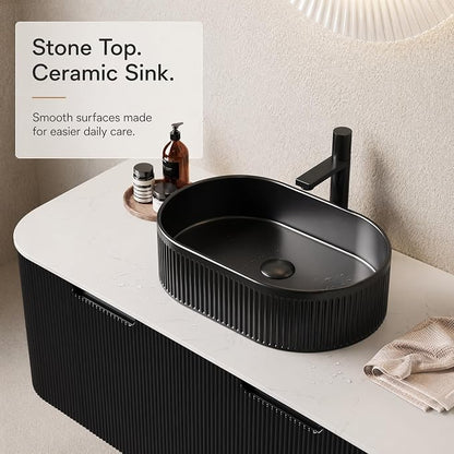 48 Inch Bathroom Vanity with Sink, Floating Wall Mounted Single Sink Vanity, Black Curved Fluted Front, Stone Top, Black Textured Oval Vessel Basin, Pre-Assembled