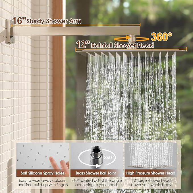 Shower System, 12 Inch Bathroom Shower Faucet Set, Brushed Nickel Shower Head and Handle Set, Shower Faucet with Valve and Shower Trim Kit, High Pressure Rain Shower Head Set, Wall Mounted