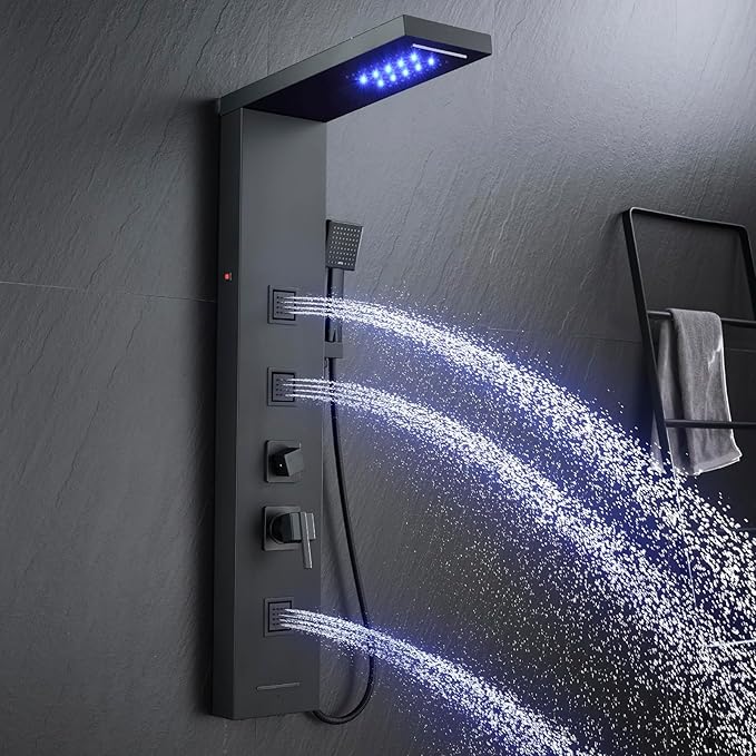 MENATT 5 in 1 Stainless Steel Shower Panel Black Tower System with LED Lights, Rainfall Waterfall Shower Head, Multi Function Shower System with Body Jets and Bath Tub Spout, Matte Black