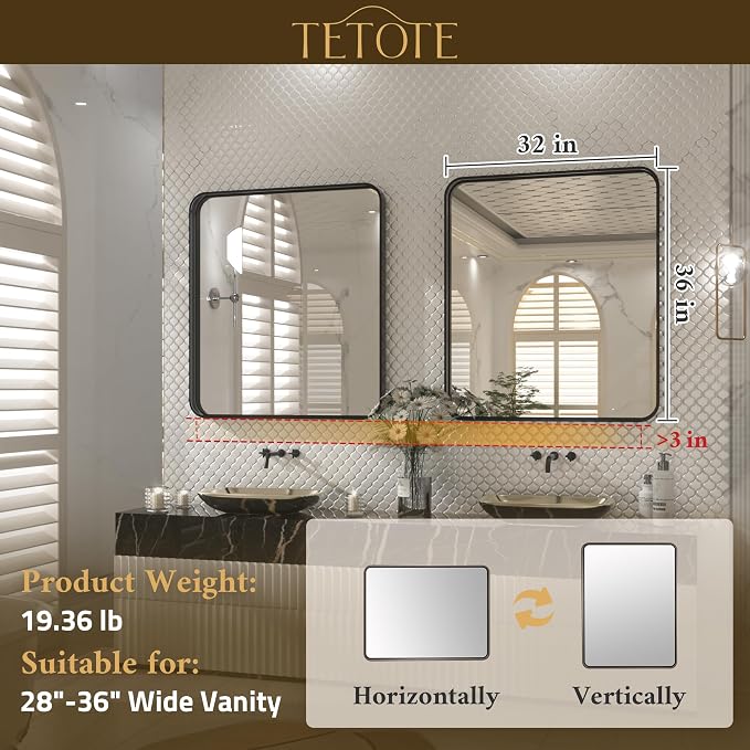 32 x 36 Inch Black Mirror for Bathroom,Vanity Mirror, Modern Rectangle Round Corner Matte Framed Mirror (Horizontal/Vertical)