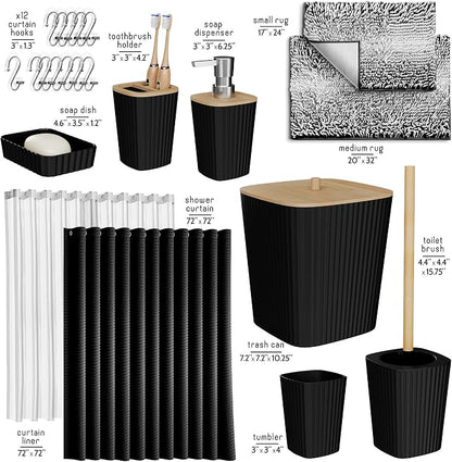 Clara Clark Bathroom Accessories Set - Bathroom Set, Bathroom Sets with Shower Curtain and Rugs, Shower Curtain Set with Bathroom Trash Can - Ombre Black - 22PC | 22 Piece Ombre Black Bathroom Accessories Set with Toothbrush Holder, Soap Dispenser, Soa...