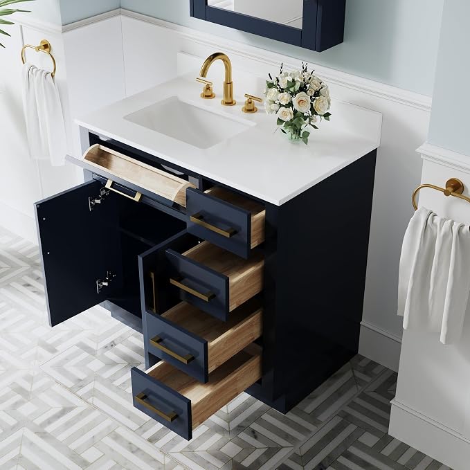 36-Inch Bathroom Vanity with Sink W/ 2 Doors & 4 Drawers & 1 Flip Drawer, Navy Blue Vanity W/Brushed Gold Handles