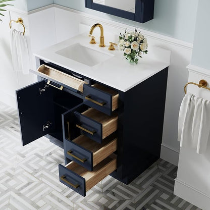 36-Inch Bathroom Vanity with Sink W/ 2 Doors & 4 Drawers & 1 Flip Drawer, Navy Blue Vanity W/Brushed Gold Handles