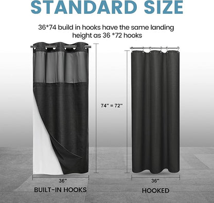 EUTXL Heavyweight Stall No Hook Shower Curtain with Snap in Liner,256GSM Waffle Weave Shower Curtains for Bathroom,36W x 74H,Black