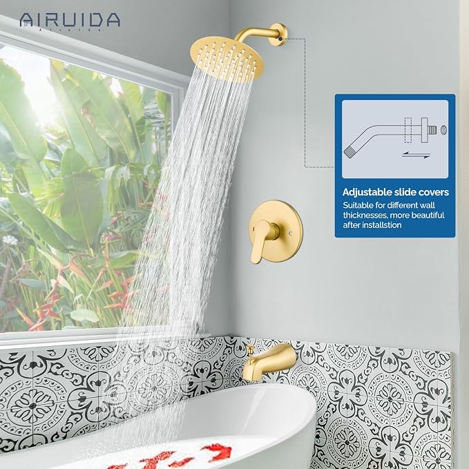 Airuida Shower Faucet Set with Tub Spout,6" Bathtub Faucet-Brushed Gold | Male Threads Rough-In Valve,Round Head Shower System,Tub and Shower Kit Set