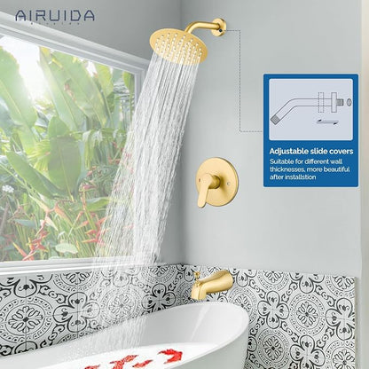 Airuida Shower Faucet Set with Tub Spout,6" Bathtub Faucet-Brushed Gold | Male Threads Rough-In Valve,Round Head Shower System,Tub and Shower Kit Set