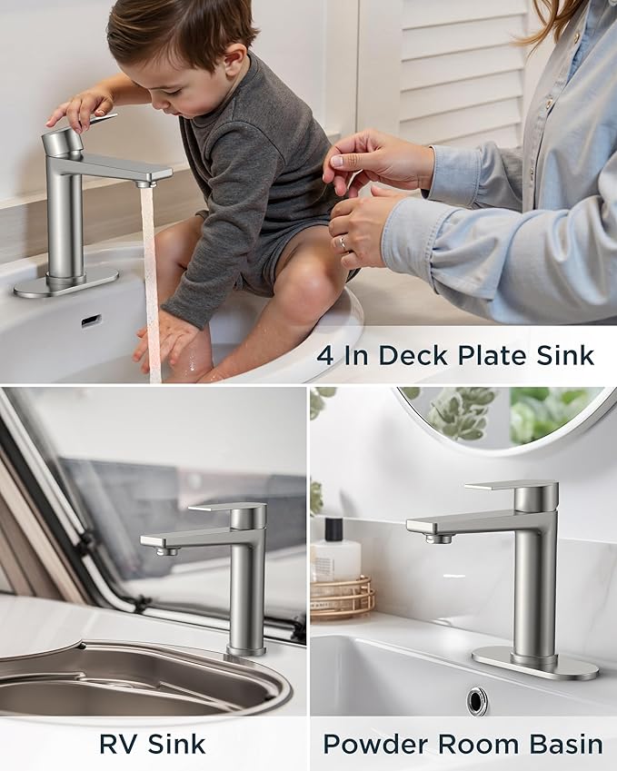 FORIOUS Brushed Nickel Bathroom Faucet 1 Hole, Single Handle Single Hole Bathroom Faucet Brushed Nickel with Deck Plate and Pop Up Drain, CUPC Hoses for One Handle Vanity Sink, Rv, Camper, Farmhouse