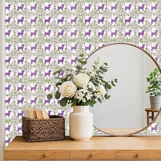Purple Dog Floral Peel and Stick Floor Tiles 12x12 Inch 10PCS | Purple Dog Floral removable self adhesive PVC vinyl tiles for kitchen bathroom entryway laundry room and indoor home decor