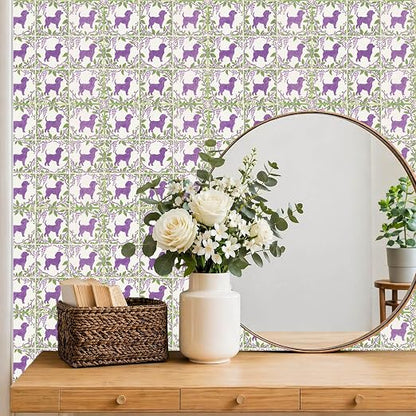 Purple Dog Floral Peel and Stick Floor Tiles 12x12 Inch 10PCS | Purple Dog Floral removable self adhesive PVC vinyl tiles for kitchen bathroom entryway laundry room and indoor home decor