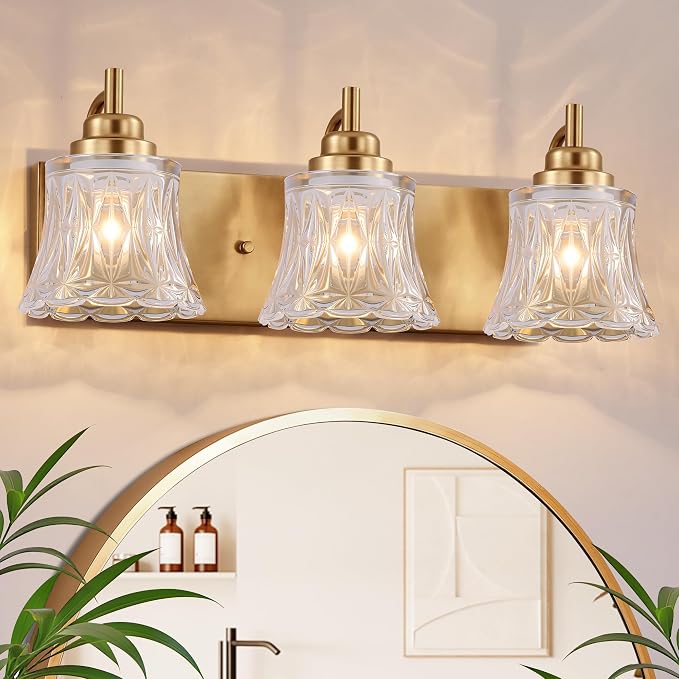 LmnLvn Brushed Gold Bathroom Light Fixtures, 3-Light Crystal Glass Shade | Mounted Over Mirror, Antique Brass Accents, Vintage Vanity Light for Bedroom & Living Room, Easy To Install