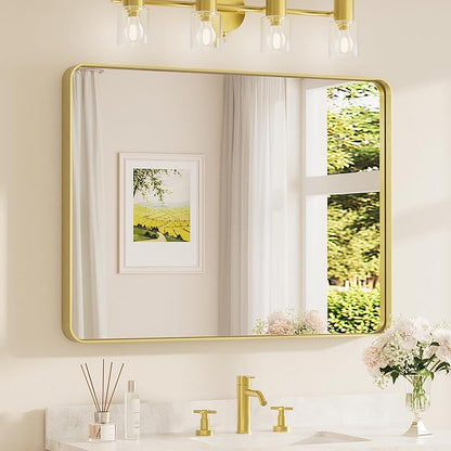 TETOTE 40 x 30 Inch Gold Bathroom Mirror, Brushed Brass Metal Frame Mirror for Vanity, Rectangle Wall Mounted Golden Modern Mirror (Horizontal/Vertical)