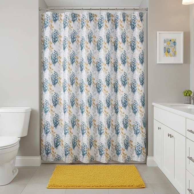 Serafina Home Hotel Quality Fabric Bathroom Shower Curtain: Floral Leaf Damask - Blue, Teal, Yellow, Grey and White (72 x 70 inches)