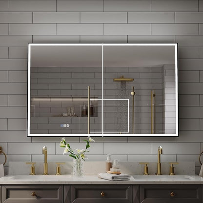 48" X 30" LED Mirrored Medicine Cabinet, Medicine Cabinets with Lights for Bathroom, Defogging Function Mirror Cabinet, Bathroom Medicine Cabinet with USB Port & Outlet, Double Opening Doors