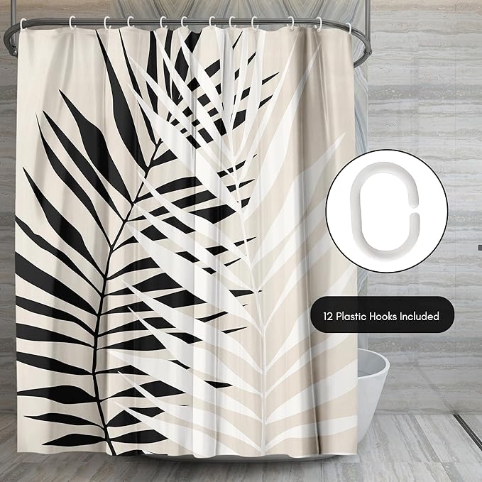 Americanflat 71x74 Botanical Shower Curtain - Water-Resistant Long Shower Curtain with Durable Metal Grommets and 12 Hooks - 100% Polyester - Black, White, and Beige