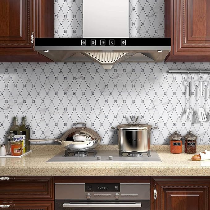 STICKGOO 1 Sheet Peel and Stick Backsplash, Calacatta Stick on Aluminum Composite Tiles Stikers, Self Adhesive Mixed Glass Backsplash for Kitchen, Bathroom, Fireplace, RV