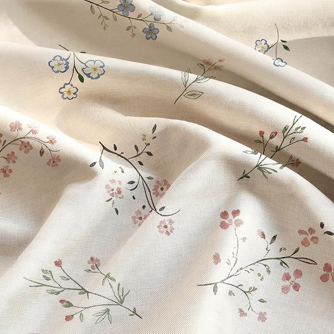 Farmhouse Floral Shower Curtain with 12 Clear Rings 72" W x 84" L | Boho Fabric Faux Linen Shower Curtain Set, Vintage Cottagecore Shower Curtain for Bathroom