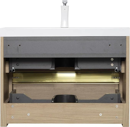Abruzzo 30" Natural Oak Wall-Mounted Bathroom Vanity with Sink – Stone Resin Countertop & Soft-Close Drawers, Waterproof Wood Cabinet for Small Bathrooms