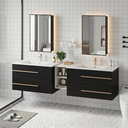 84 Inch Floating Double Sink Bathroom Vanity, Modern Bathroom Vanity with Sink & Large Storage Drawers, Wall Mounted Bathroom Sink Cabinet, Black&White