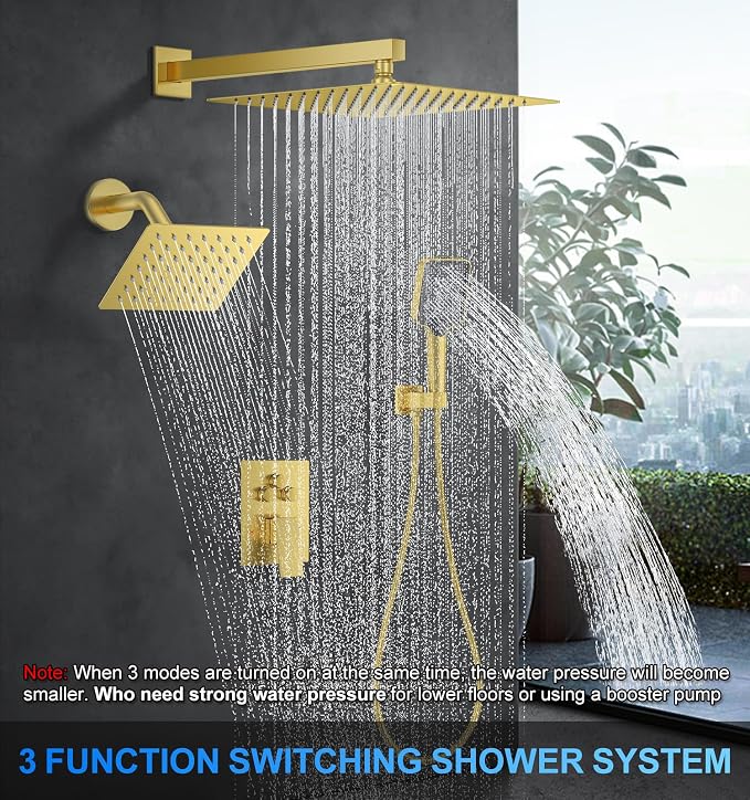 Woindo Shower Faucet Set, 12" Wall Mount Rainfall Shower System with 2 Rain Shower Head and Multi-function Handheld Head Push Button Diverter Shower Faucet Trim Kit