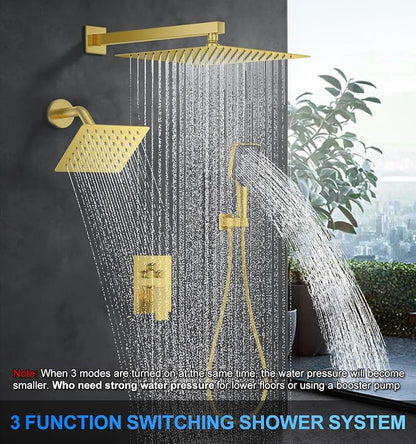 Woindo Shower Faucet Set, 12" Wall Mount Rainfall Shower System with 2 Rain Shower Head and Multi-function Handheld Head Push Button Diverter Shower Faucet Trim Kit