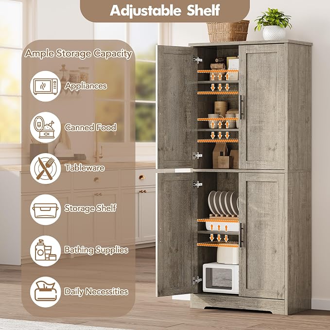 Garvee Kitchen Pantry Cabinet, 70 Inch Tall Storage Cabinet | with Doors and Adjustable Shelves, Freestanding Wooden Classic Cupboard for Living Room, Dining Room, Bathroom