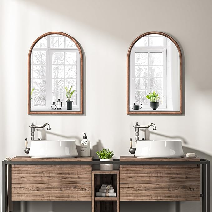 20"x30" Arch Wall Mirror for Wall, Wall Mounted Vanity Mirror for Bedroom, Wood Grain Finish Frame Mirror with Tempered Glass, Vintage Decorative for Bathroom, Entryway, Living Room, Walnut