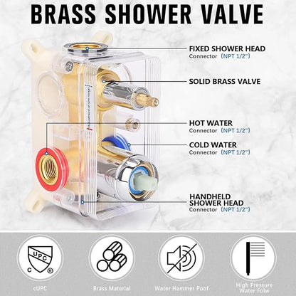 12 Inch Rainfall Shower System - Wall Mounted Complete Combo with Solid Brass Pressure Balancing Valve, High Pressure Shower Head, Handle Set & Installation Accessories Chrome