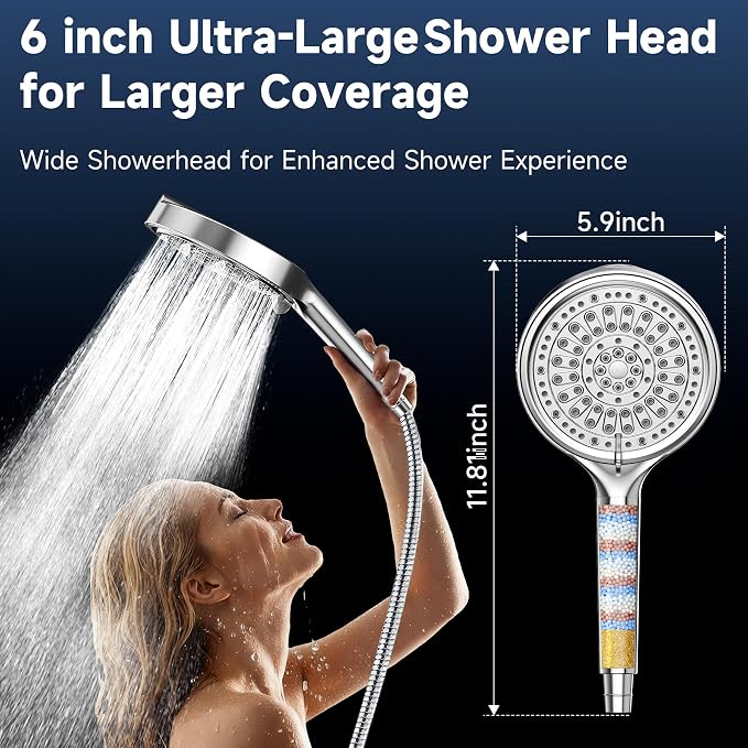 6 Inch Filtered Shower Head, 6 Spray Modes High Pressure Handheld Shower Head with Filter for Hard Water, Detachable Water Softener Showerhead with Hose, Chrome