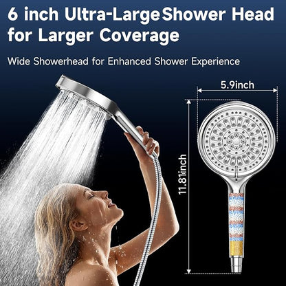 6 Inch Filtered Shower Head, 6 Spray Modes High Pressure Handheld Shower Head with Filter for Hard Water, Detachable Water Softener Showerhead with Hose, Chrome