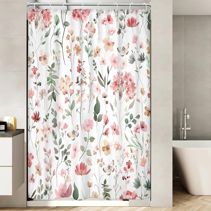 Pink Blush Coral Flower Floral Narrow Leaves Bathroom Shower Curtain Set | 48"W x 72"H Wildflower Plants; waterproof HD print, quick-dry fabric and plastic hooks for easy setup.