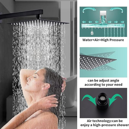 Shower System Black -10 Inch High Pressure Rain Shower Heads with Handheld Spray Combo Shower Faucet Set with Pressure Balanced Rough-in Valve, Wall Mount Bathroom Shower Set fit All Valve Types
