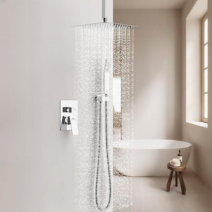 SunCleanse Rainfall Shower System Polished Chrome Ceiling Mounted Shower System Combo Set with High Pressure 12 Inches Square Rain Shower Head Handheld and Shower Faucet Rough-in Mixer Valve and Trim