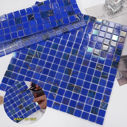 11.5 sq.ft Iridescent Cobalt Blue Glass Mosaic Tile for Bathroom, Pool | Waterproof Wall & Floor Tile. Heat & frost resistant outdoors. Mesh-mounted easy install. Use any grout. Easy clean. 10pcs.