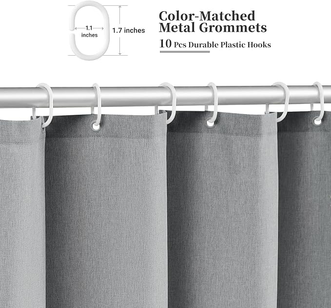 BTTN Boho Scalloped Linen Textured Cloth Shower Curtain, 60x84, Grey/Gray | Narrow Long Size, 230GSM Waterproof Polyester, Heavy Duty Fabric, 10 Plastic Hooks, Modern Farmhouse Style, Machine Washable