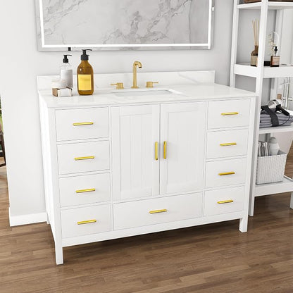 48 Inch Bathroom Vanity with Sink&Countertop,Carrara White Quartz Counter Top with Sink&Backsplash,White Bathroom Cabinet Set with 2 Doors and 9 Drawer(Three Holes)