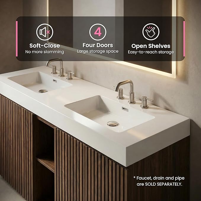 72" Bathroom Vanity with Sink Combo, Mid Century Modern Bathroom Cabinet with 4 Doors & Open Shelf, Glossy White Integrated Sink with Overflow, Brown Walnut