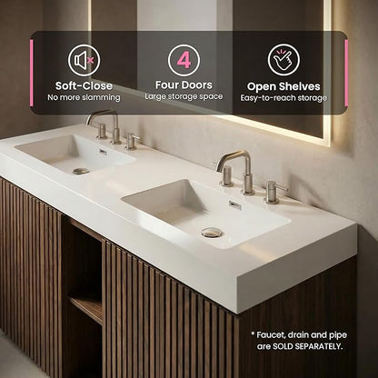72" Bathroom Vanity with Sink Combo, Mid Century Modern Bathroom Cabinet with 4 Doors & Open Shelf, Glossy White Integrated Sink with Overflow, Brown Walnut