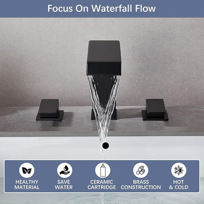 Bathroom Faucet 3 Hole Black 8 inch Widespread Waterfall with Pop Up Drain | 2 Handle Bathroom Sink Faucet with Water Supply Hoses Modern Vanity Lavatory Basin Faucet Commercial