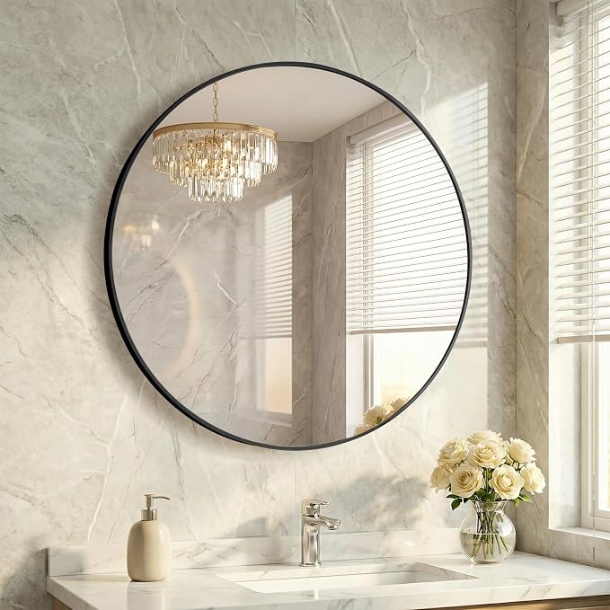 30 Inch Black Round Bathroom Wall Mirror, Round Mirrors for Wall Decor, Circle Mirror for with HD Shatter-Proof Glass for Entryway, Living Room, Bedroom, Dressing Room, Home Decor