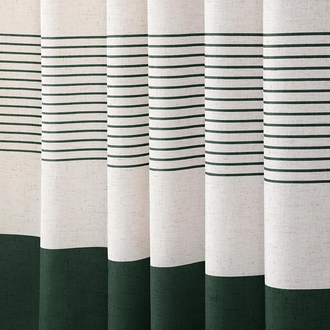 Dark Green Boho Linen Striped Shower Curtain with Tassel 72"W X 72"L | Boho Farmhouse Shower Curtains with Linen Texture for Bathroom Decor