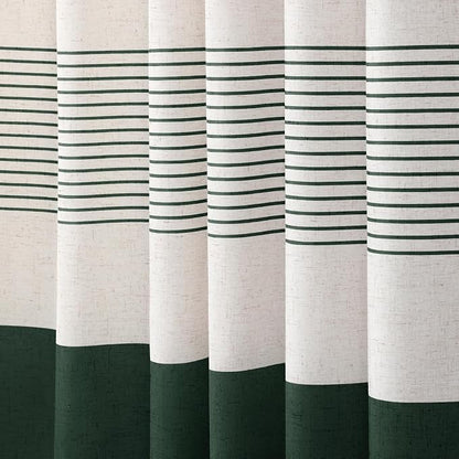 Dark Green Boho Linen Striped Shower Curtain with Tassel 72"W X 72"L | Boho Farmhouse Shower Curtains with Linen Texture for Bathroom Decor